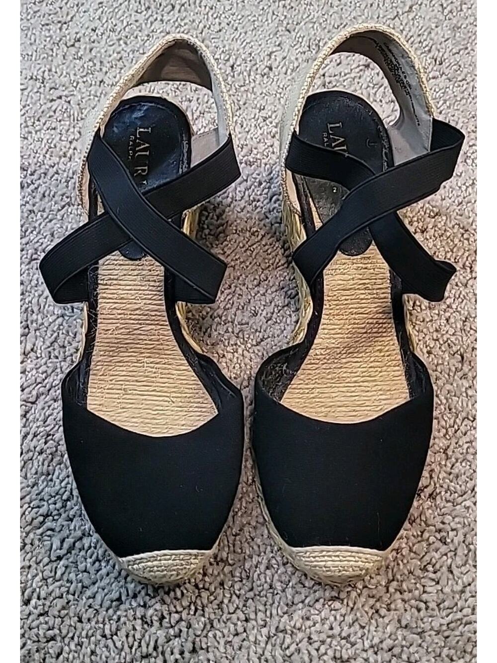 Ralph Lauren Casandra Espadrille Wedge Sandals Black 9B
